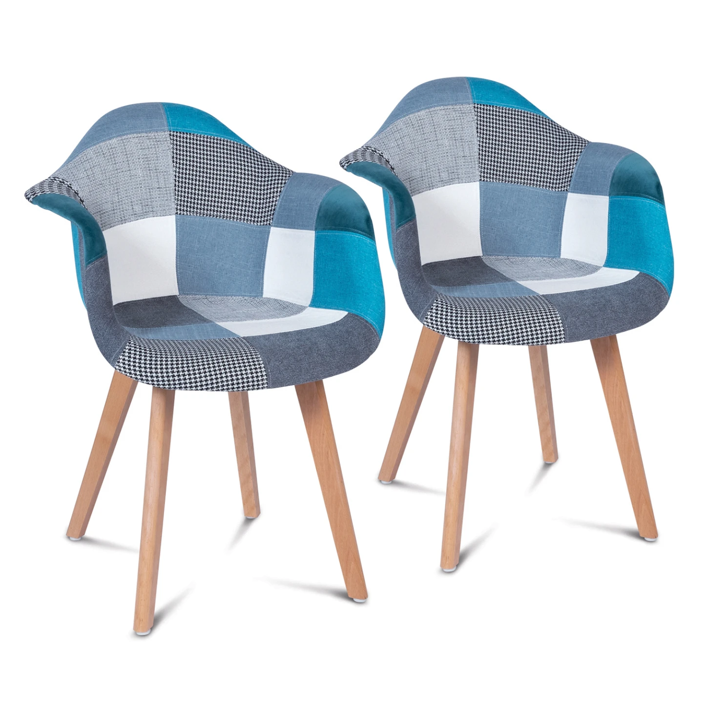 Lot de 2 chaises de salle à manger scandinaves, fauteuils de table SARA motifs patchworks bleus