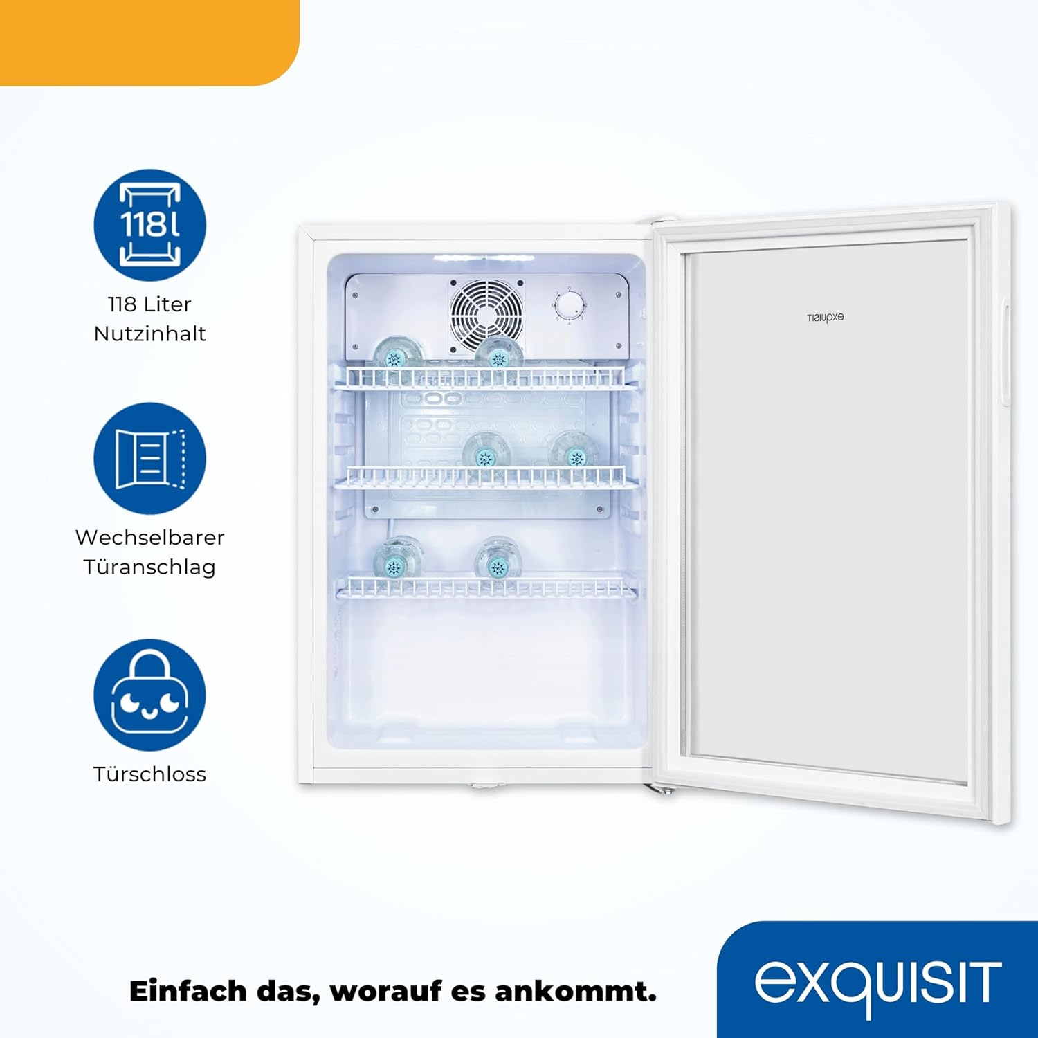 Exquisit Glastürkühlschrank GKS120-GT-160C weiss | Nutzinhalt: 118 L | Türschloss | 3 Gitterablagen | Umluftventilator | Standgerät