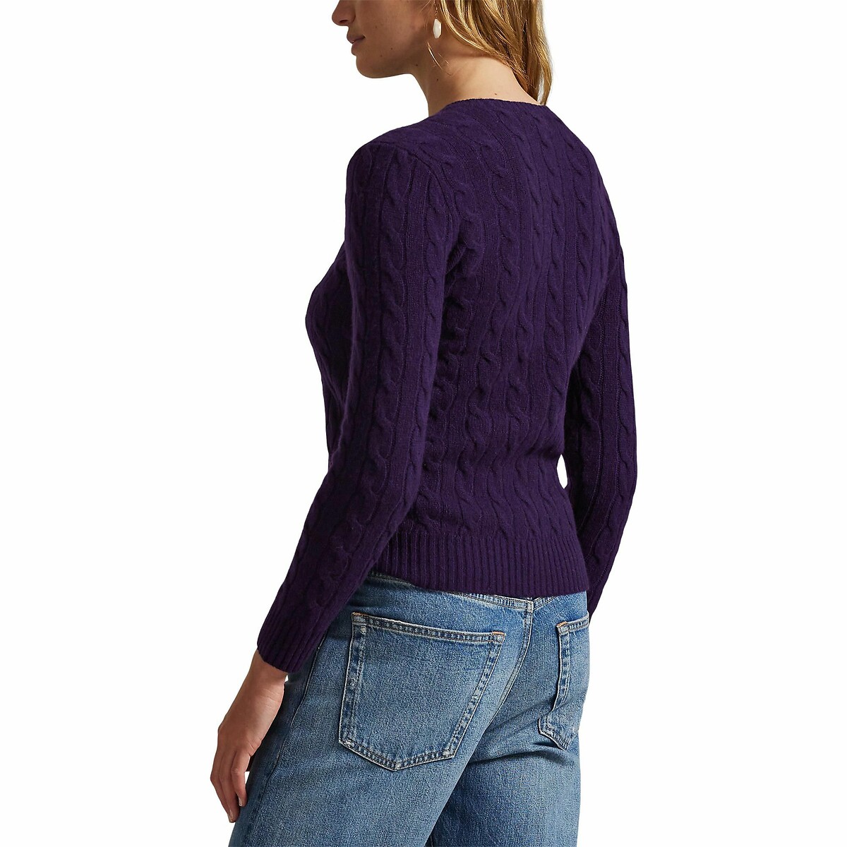 POLO RALPH LAUREN<br>Suéter de gola redonda, tricô trançado em lã e cashmere
