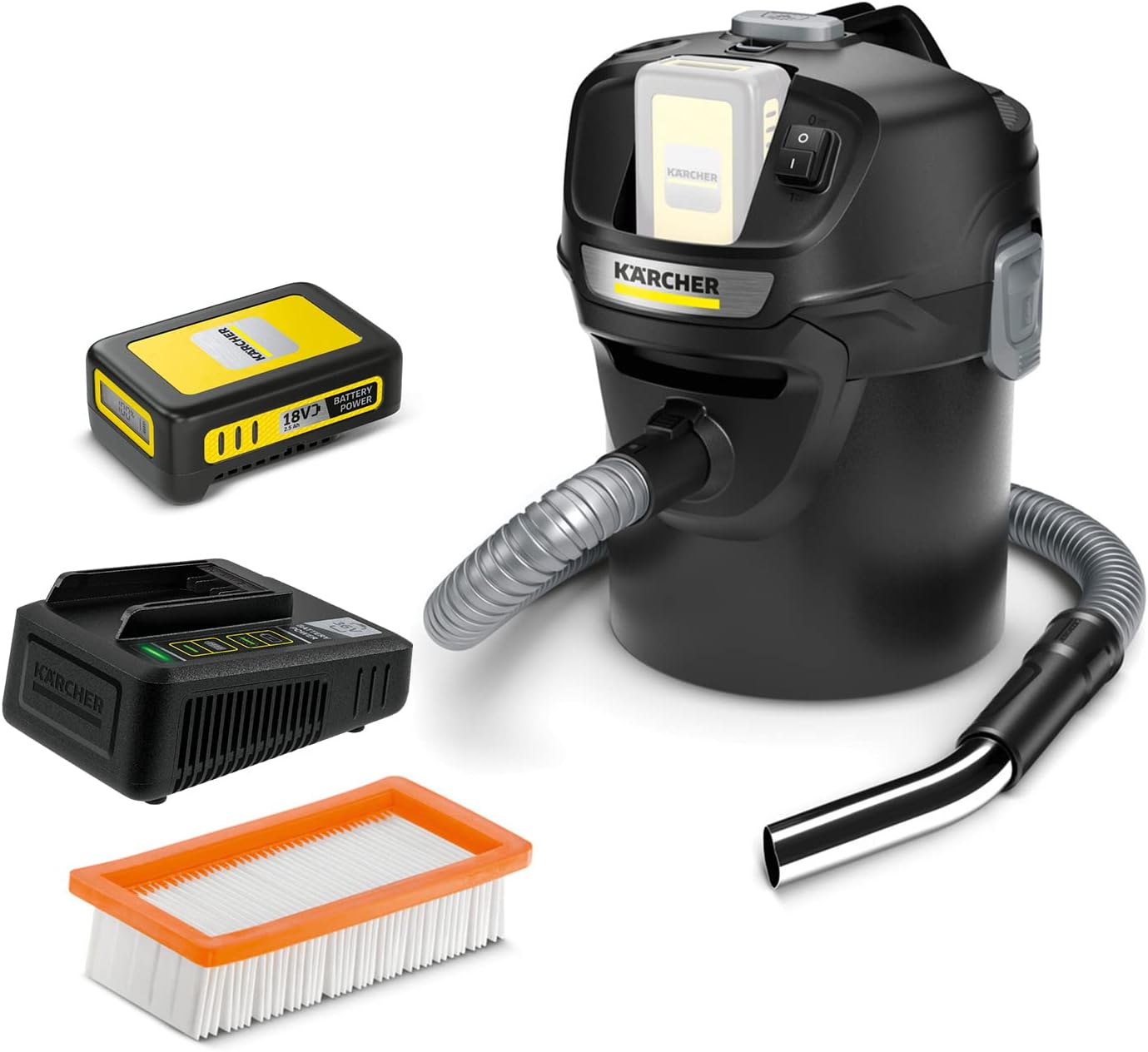 Kärcher 18 V Akku-Asche- und Trockensauger AD 2 Battery Set ideal für Kamin- und Pelletöfen, inkl. 18 V/2,5 Ah Akku und Schnellladegerät, flammhemmendes Material, Saugschlauch: 1,2 m