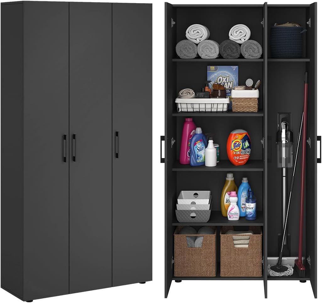 Bellamio Apol Mehrzweckschrank Anthrazit – Besenschrank 90 cm breit mit Stauraum – Putzschrank mit Staubsaugerfach – Vorratsschrank Küche - Aktenschrank aus Holz - Flurschrank – Aufbewahrungsschrank