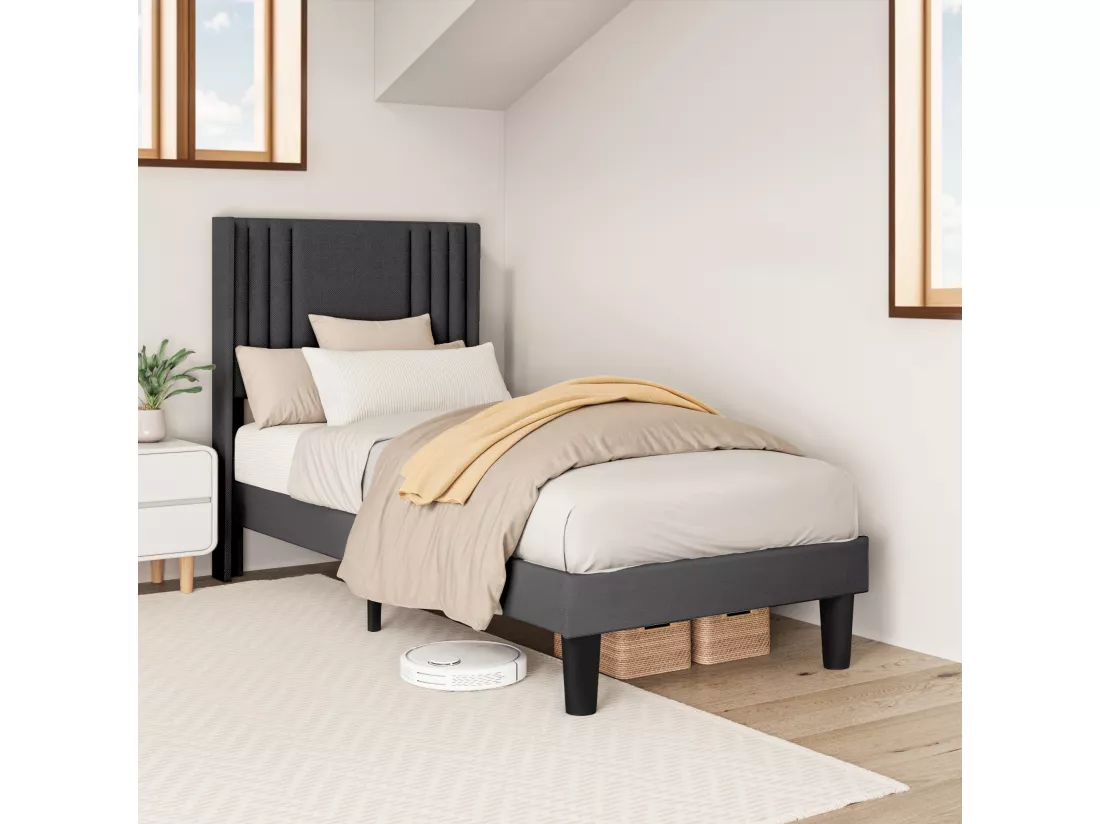 Lit Simple Capitonné 90 x 200 cm avec Tête de Lit pour Rangement Bealife Sommier à Lattes Tissu en Lin Lit Enfant Adolescent Gris Foncé