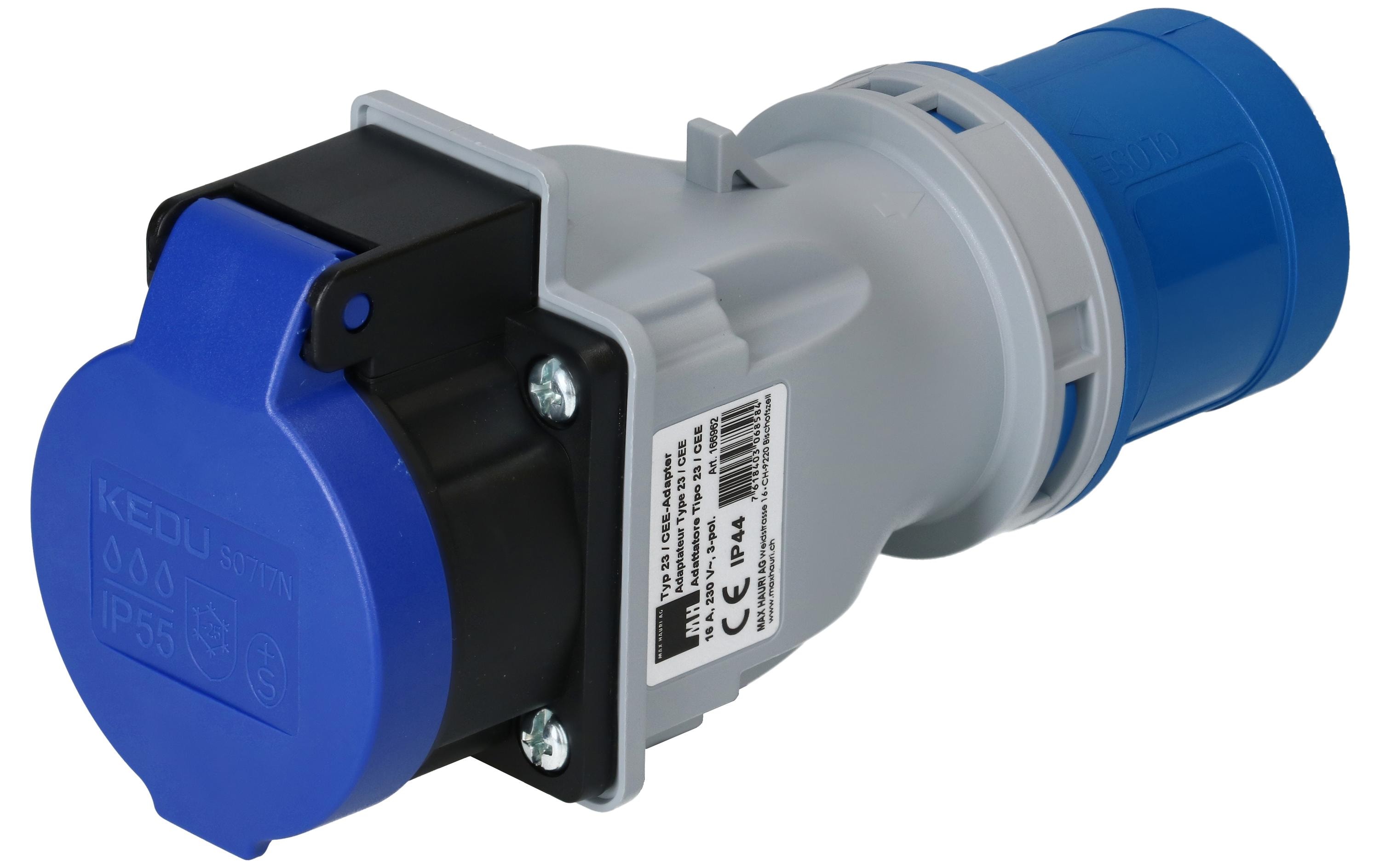 Adapterstecker CEE16/3 - T23, Blau/GrauAdapter CEE-Stecker IP44 auf Steckdose Typ 23 IP55 mit Klappdeckel