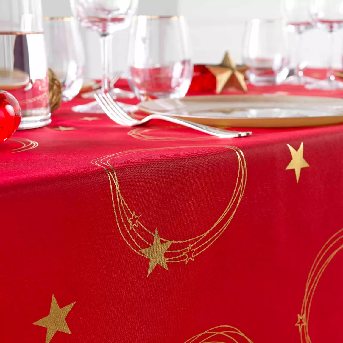 Nappe de Noël rectangulaire anti tache (150 x 300 cm) Star Rouge et doré