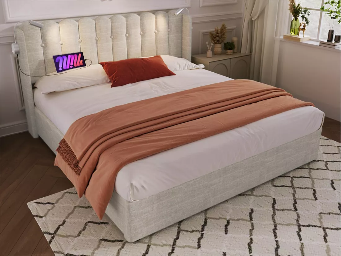 Lit coffre capitonné avec LED et Ports de charge USB - 140x200cm - tissu en lin - avec sommier à lattes - Beige