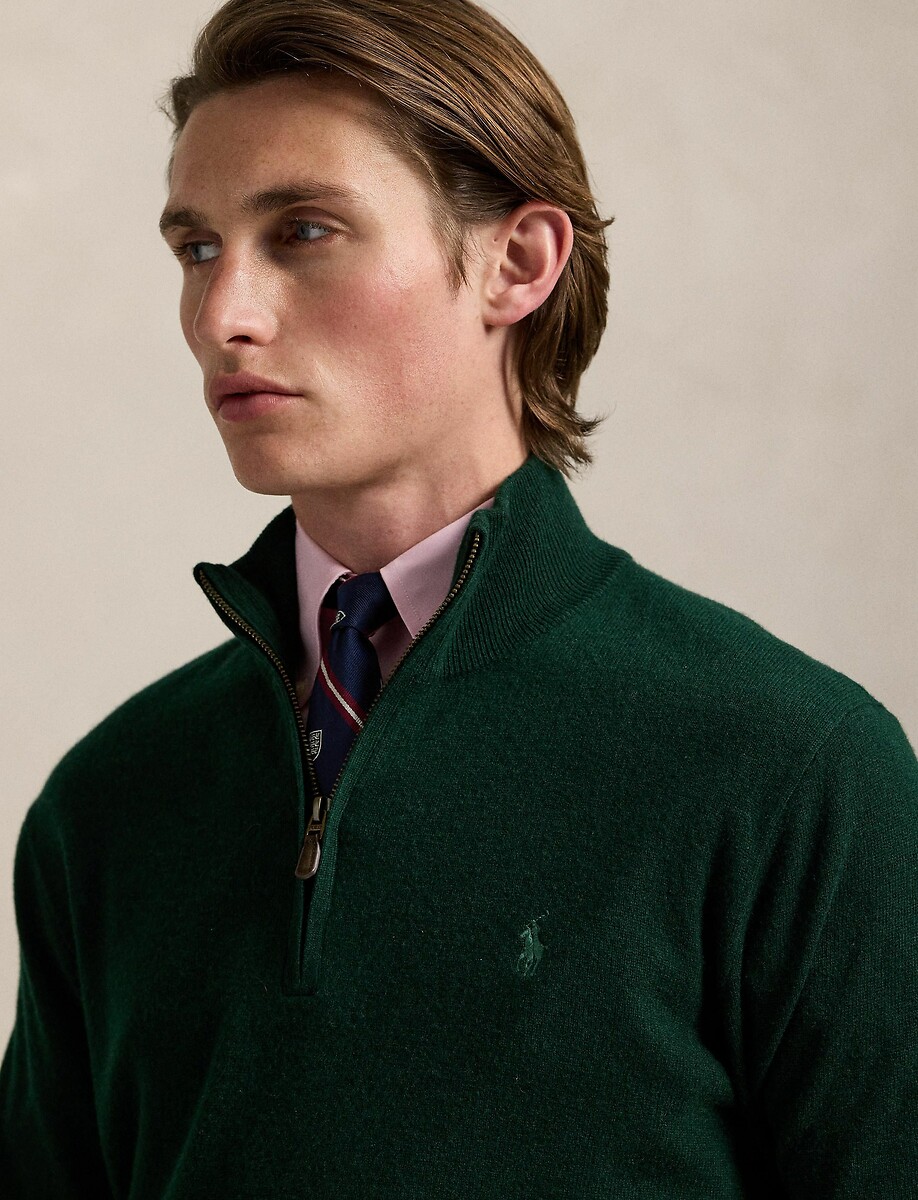 POLO RALPH LAUREN<br>Suéter de lã, meio zíper, bordado Pony Player