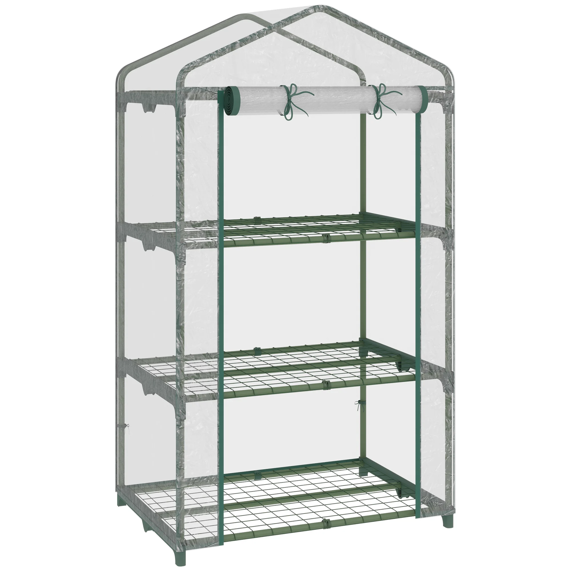 Estufa de jardim Outsunny com 3 prateleiras de metal e porta de enrolar, ideal para cultivo de plantas, flores e vasos em pátios externos, 69x49x125 cm, transparente.