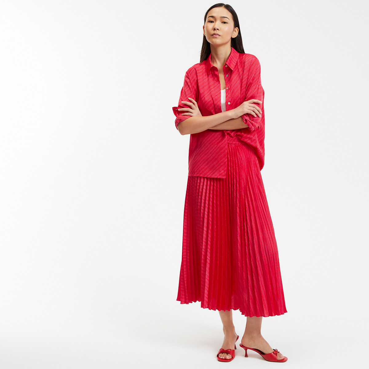 COLEÇÃO LA REDOUTE<br>Camisa fluida de cetim com listras e mangas compridas
