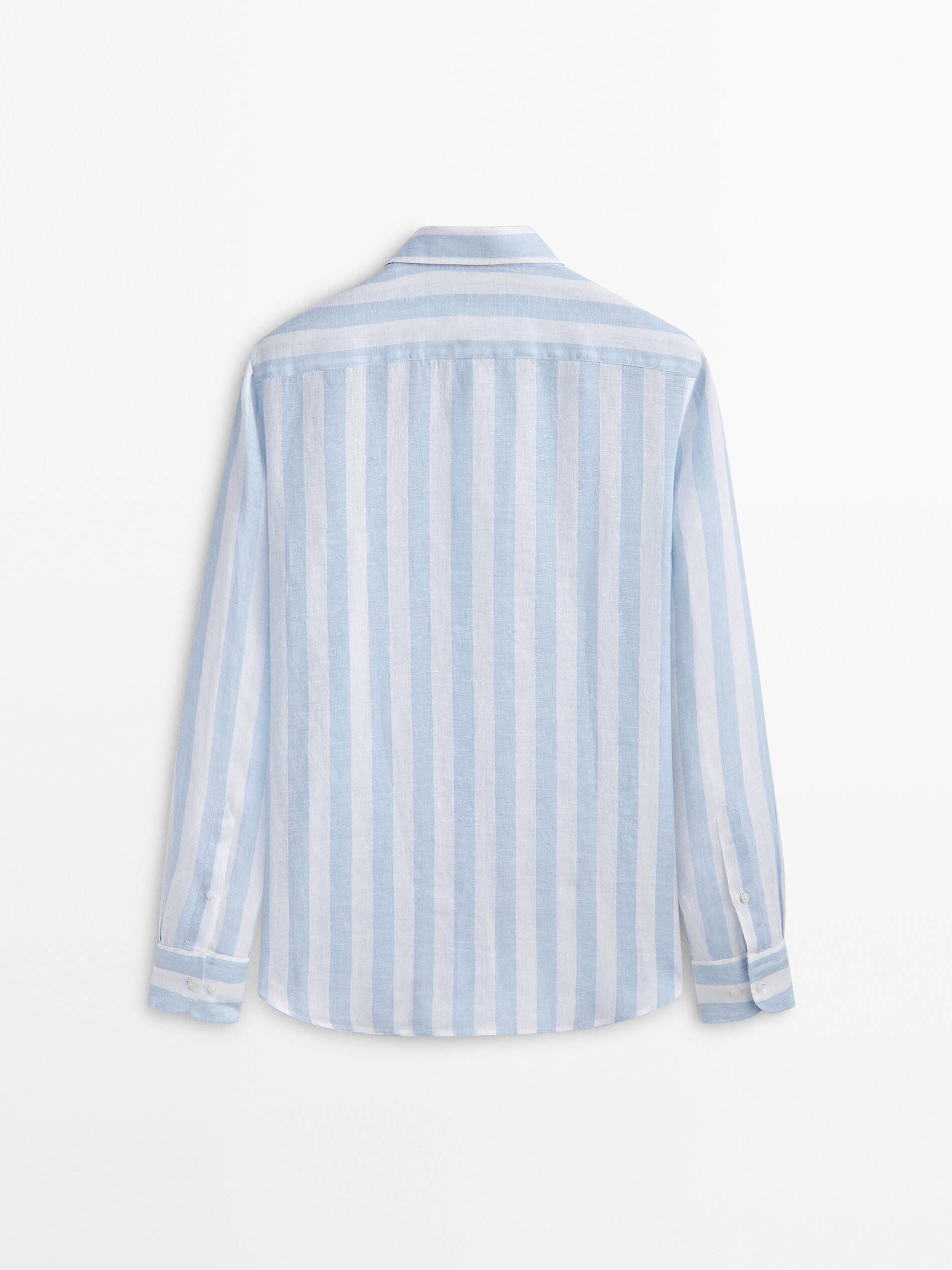 Camisa listrada larga 100% linho, corte slim - CELESTE