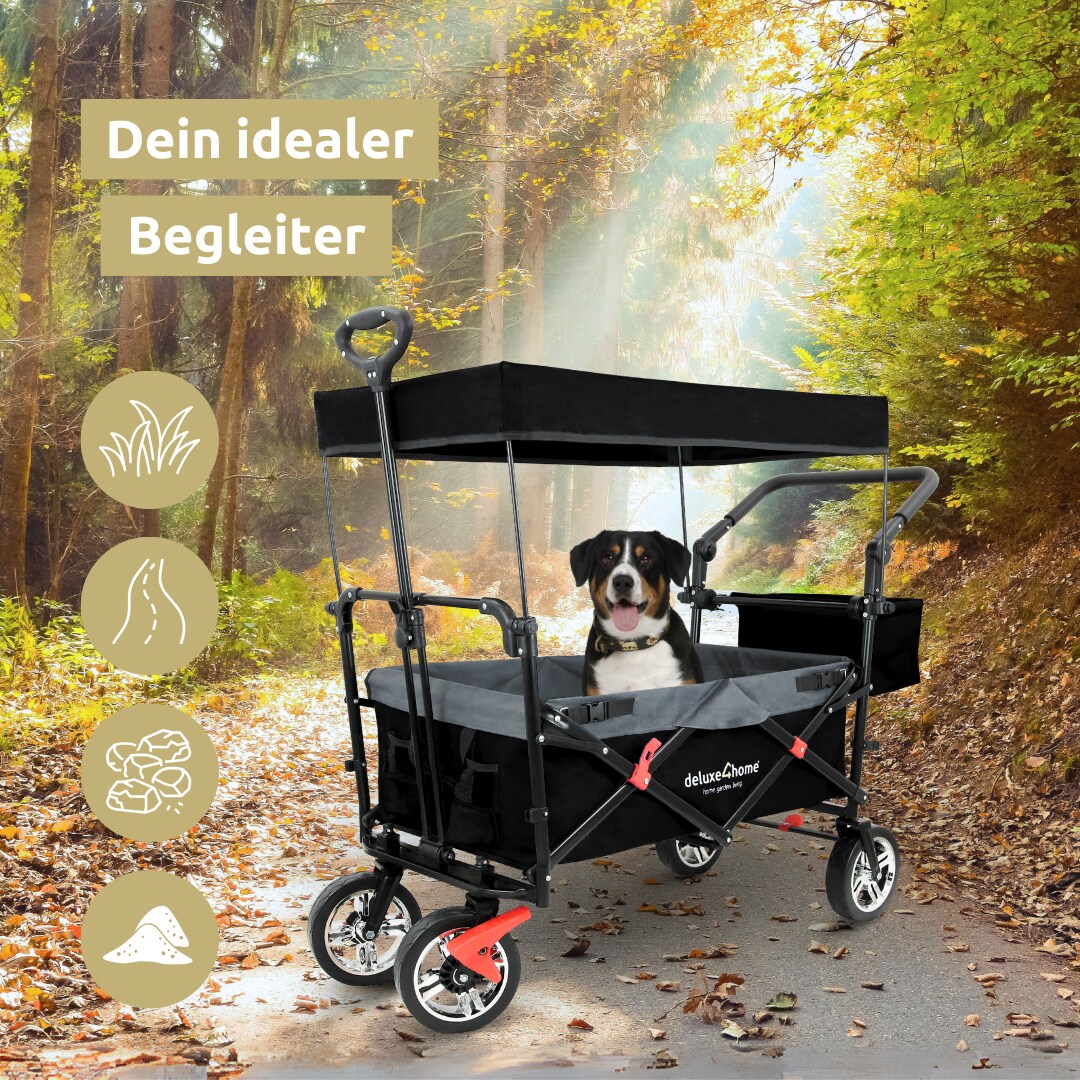 deluxe4home® Bollerwagen | Transportwagen faltbar mit Dach | Schwarz/Grau