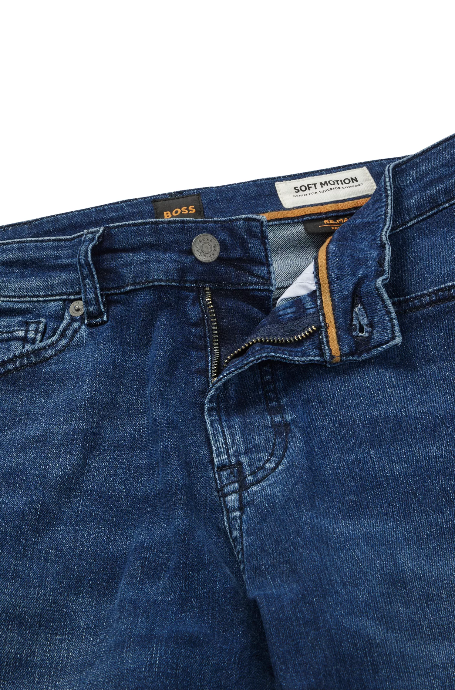 Calça jeans BOSS laranja, corte regular, em denim superelástico azul médio.