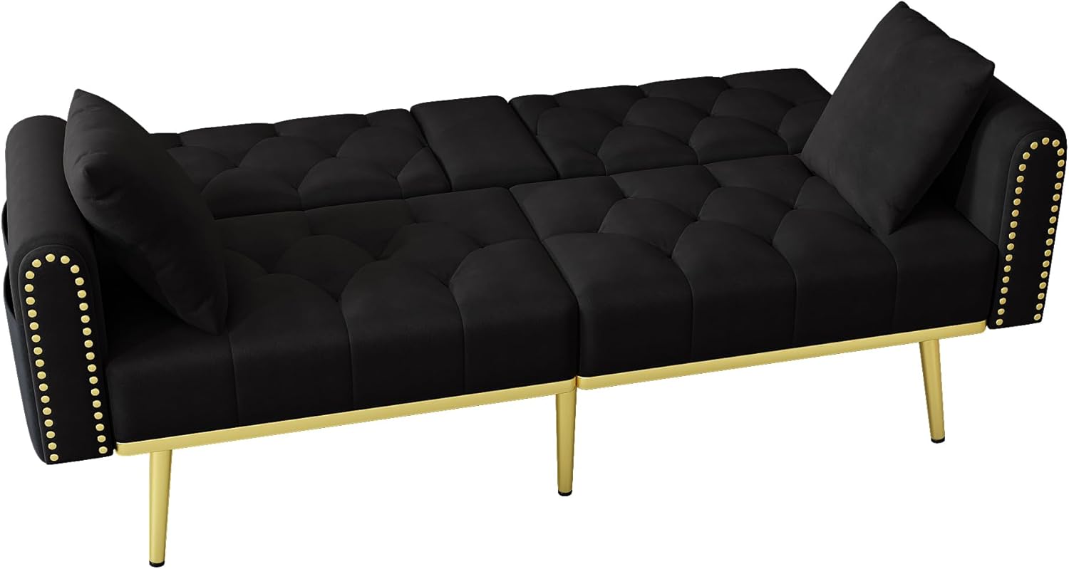 Doppelt ausklappbares Schlafsofa mit Liegefunktion, DREI verstellbaren Neigungswinkeln und Getränkehalter，für Wohnzimmer, Schlafzimmer, Heimkino oder Gästezimmer， Stoffbezug， Schwarz
