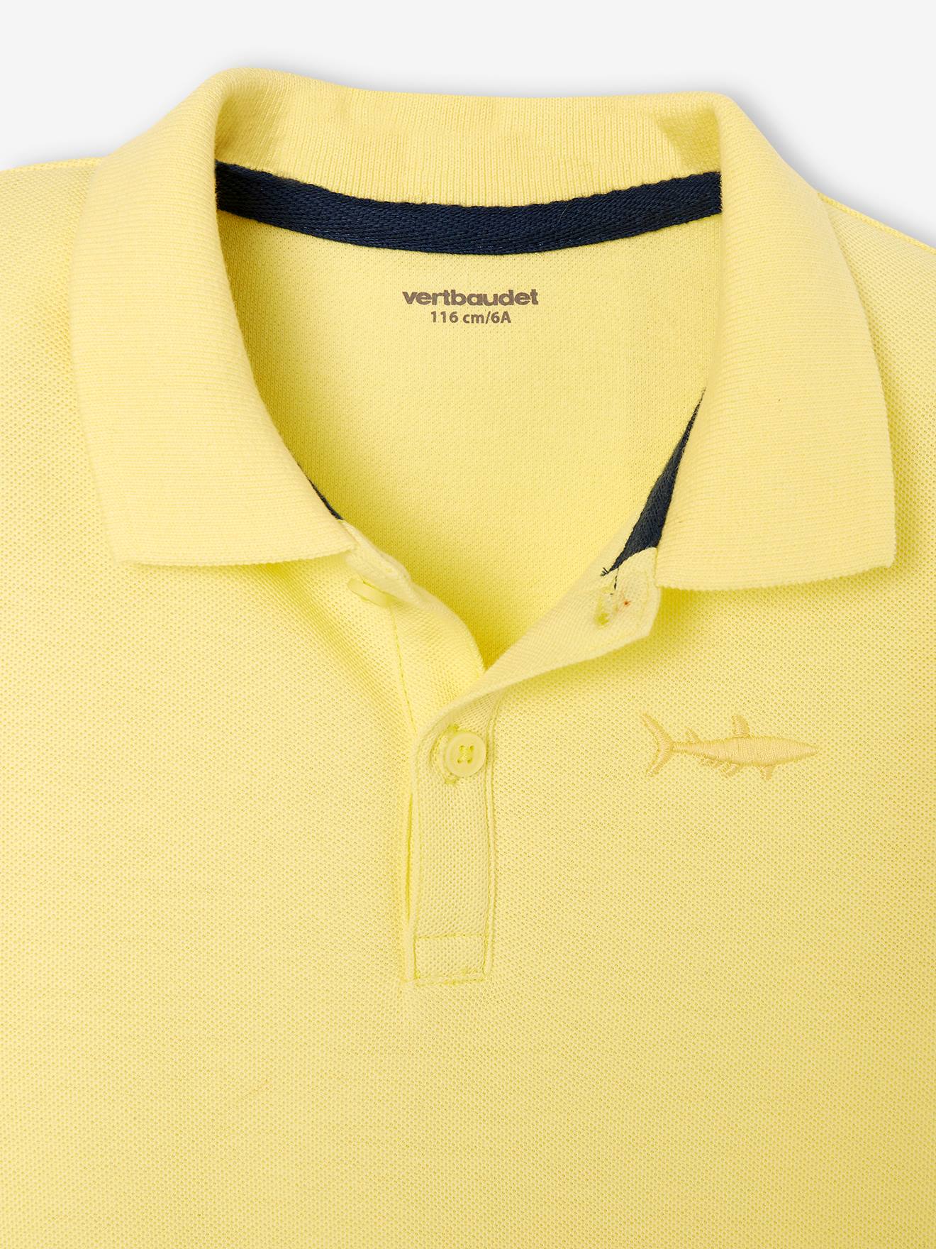 Camisa polo de manga curta com bordado no peito, para meninos, amarelo pastel