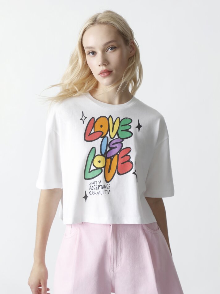 Camiseta cropped estampada - Off-white