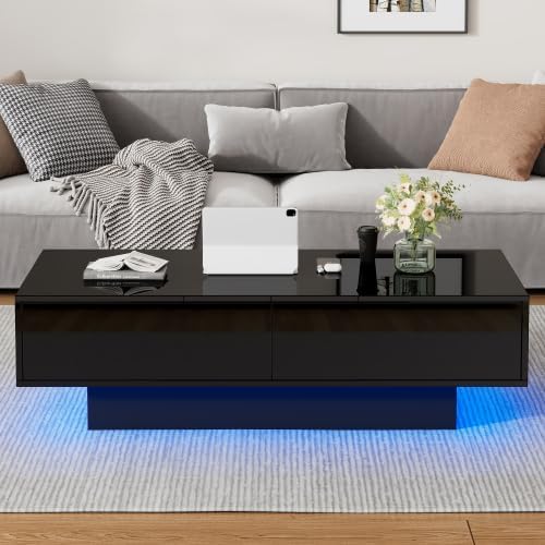 Merax Hochglanz Couchtisch 115 x 55 x 34 cm, Wohnzimmertisch mit 2 Schubladen, LED-Beleuchtung und 30 kg Tragkraft – Eleganter Wohnzimmertisch Schwarz