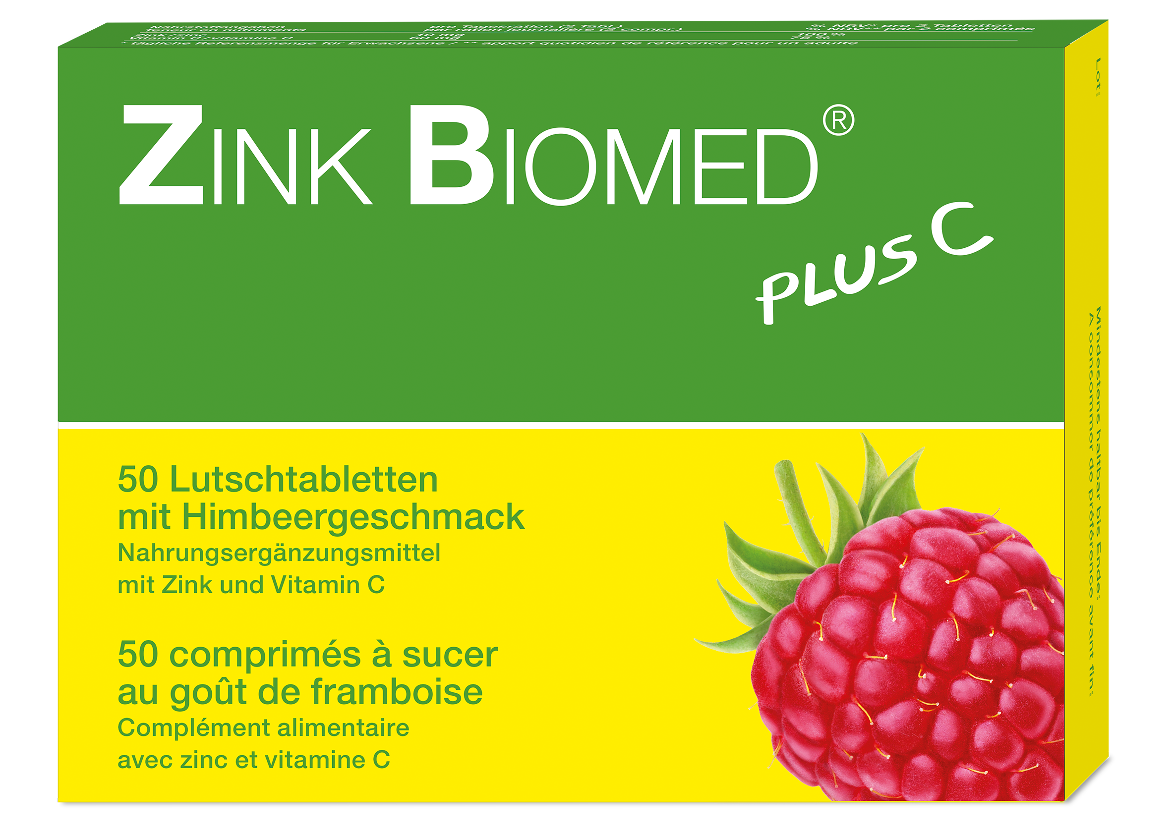 Zink Biomed plus C<br>50 Stück, Lutschtablette, Himbeer