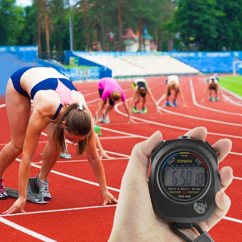 2in1 Digitale Hand Stoppuhr Sport Timer mit Kompass   LCD Display (inkl. 1x LR44 Batterie) - Schwarz
