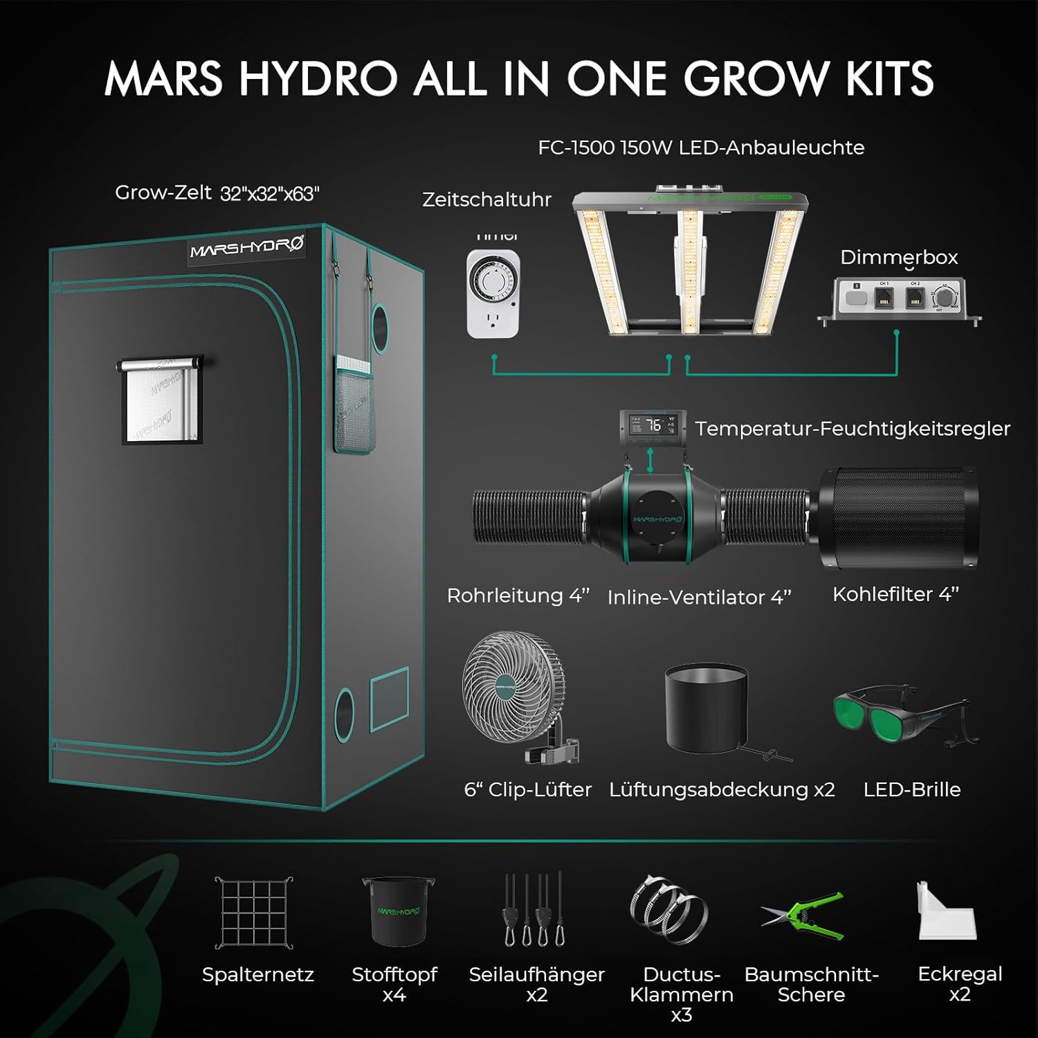 MARS HYDRO Smart Growzelt Komplettset mit Smart Controller43,FC-E1500 App Fernbedienung Dimmbar Light,80X80X160cm 1680D Grow Box Komplettset,4