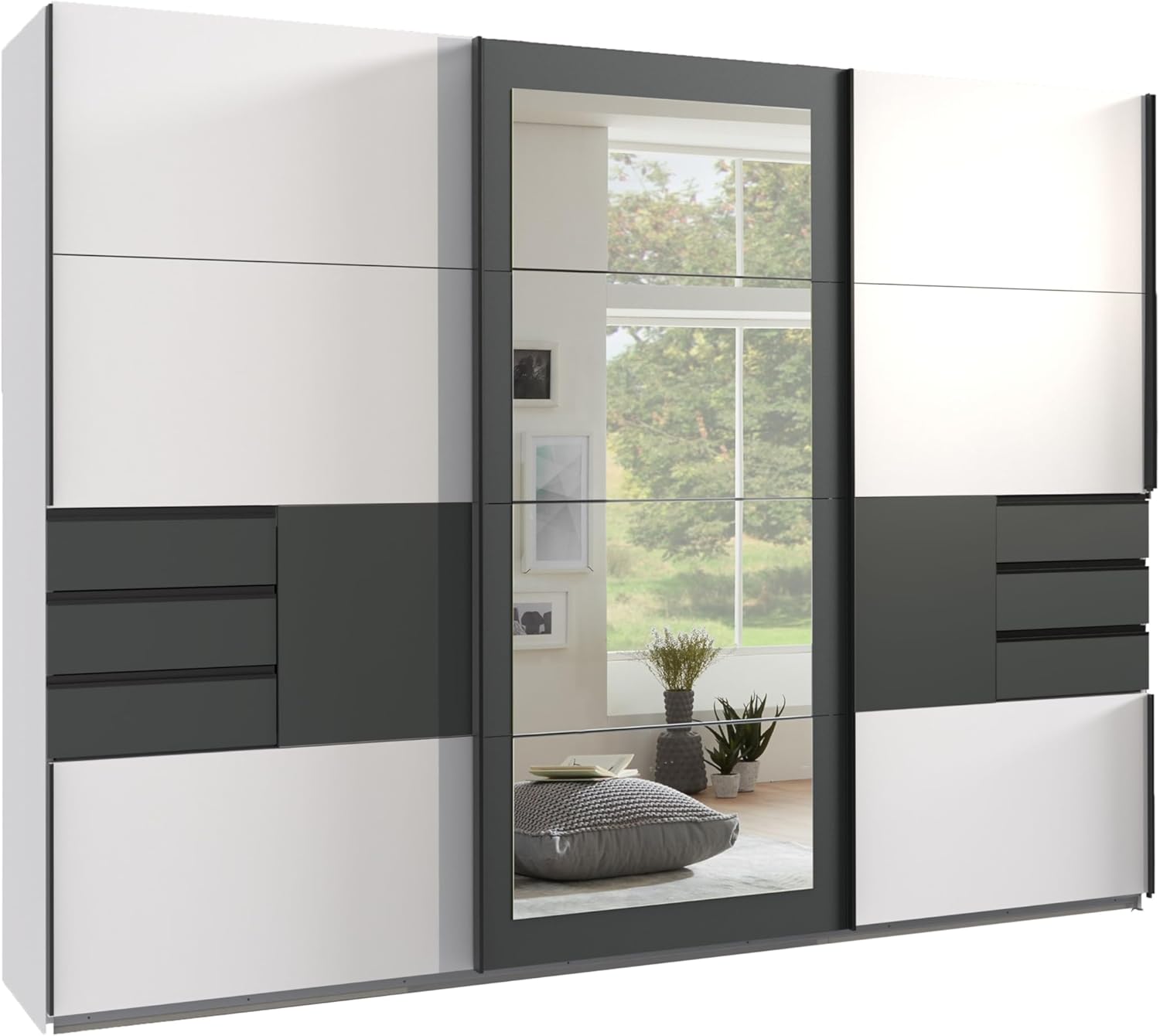 Schwebetürenschrank Kleiderschrank 3-türig B270/H208/T64 cm in Weiß mit Absetzungen in Grafit, Rahmenspiegeltür, 2 Türen jeweils mit Ausschnitt für 3 Schubladen, Einlegeböden, Kleiderstangen / 22502 EF9465697