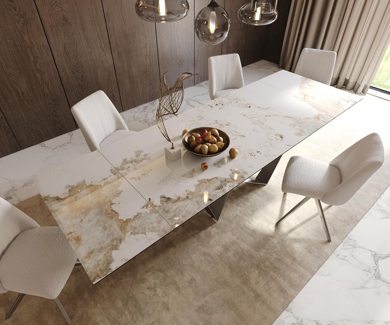 DELIFE Esszimmertisch Edge Keramik Minas Melange Weiß-Beige 200-300x100 Spider Flachstahl Edelstahl ausziehbar
