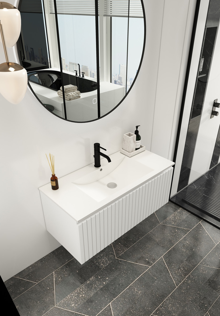 Fontana Lento wit badkamermeubel ribbelfront met witte wastafel 100cm 1 kraangat en ronde spiegel