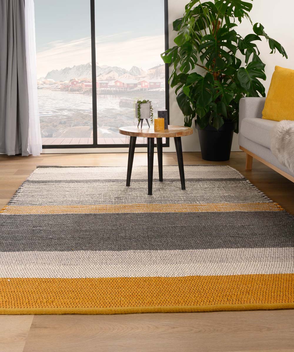 Nordic Weavers Wollen vloerkleed strepen Lett - okergeel|grijs -