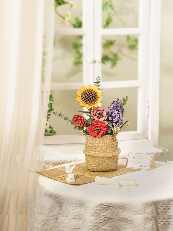 (581-tlg. Set) Rowood 3D Holz Puzzle DIY Modell Bausatz Home Deko Blume für Erwachsene (TW01H) - Blumenstrauss