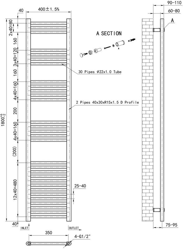 Eastbrook - Wendover - Handdoekradiator - Brons Geborsteld - 40x180cm - 570W