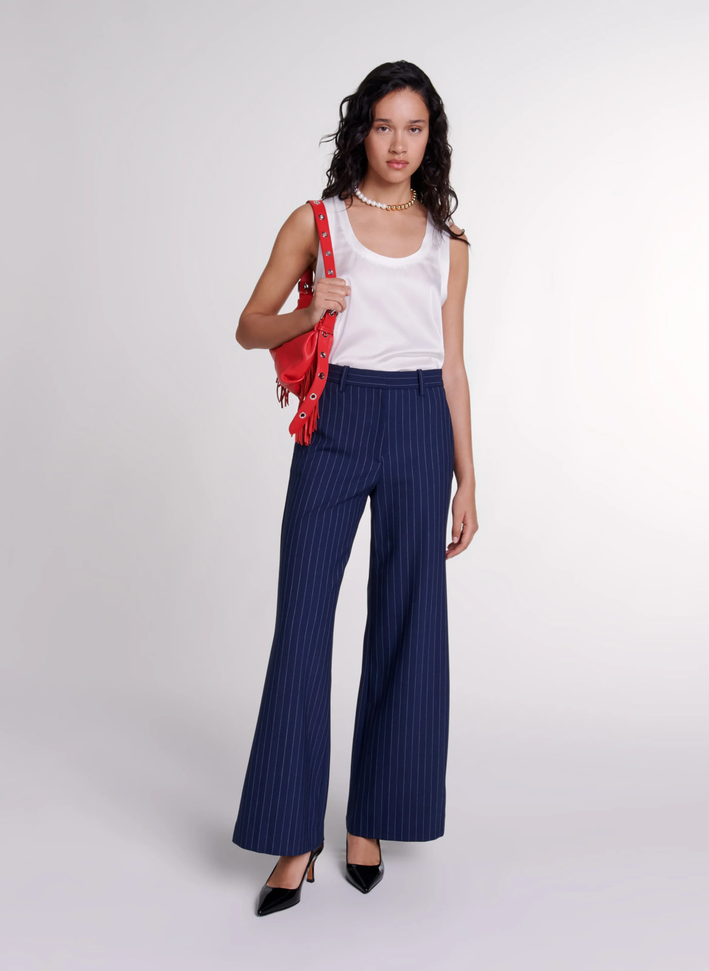 Pantalon large taille haute en laine mélangée rayé | Rayé