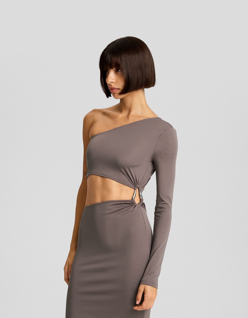 Vestido midi assimétrico de manga comprida com detalhe lateral