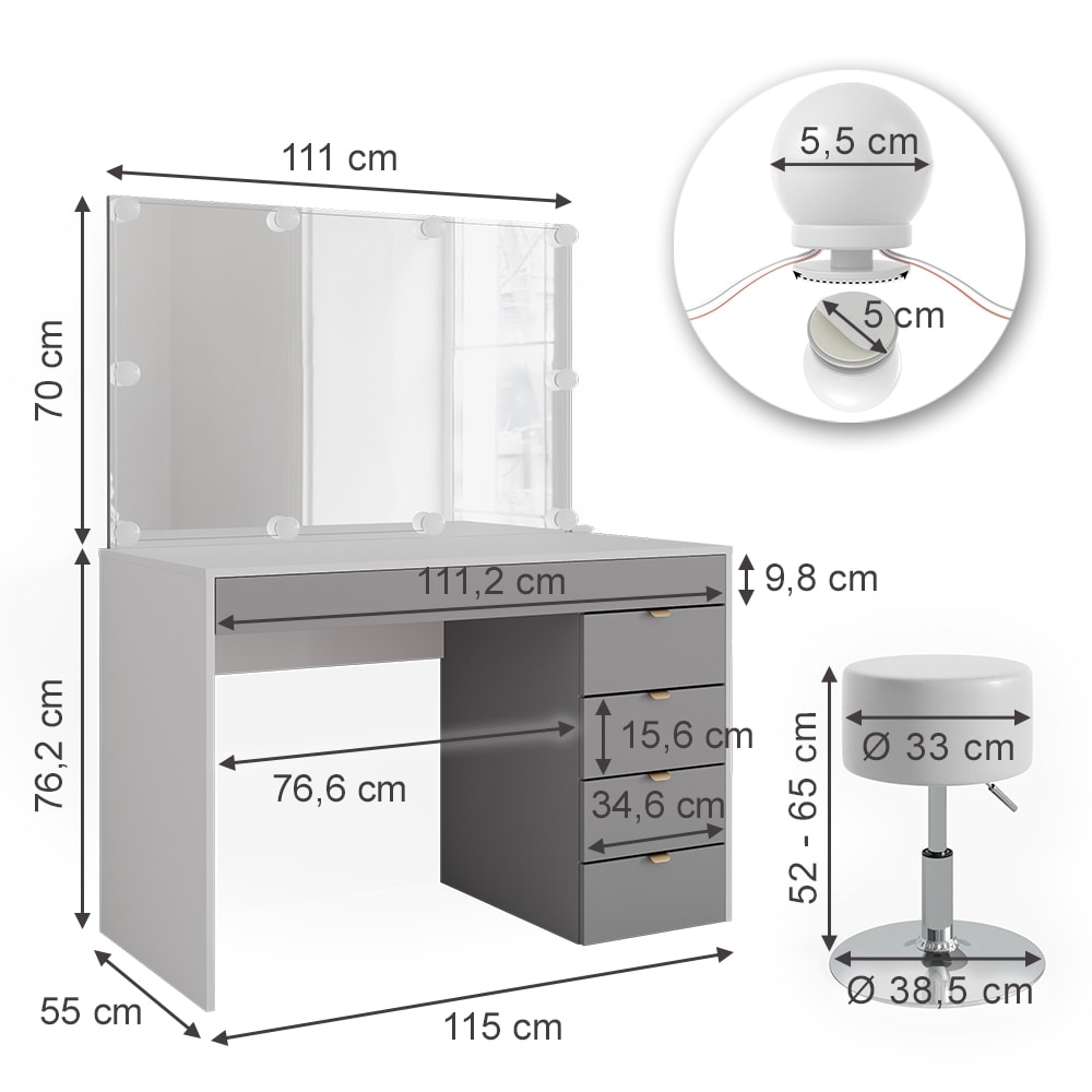 Vicco Schminktisch Elise Weiß Grau 115 x 76 cm modern Frisiertisch Schubladen Spiegel Hocker LED-Beleuchtung
