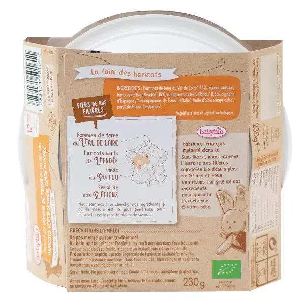Prato de Almoço Babybio com Batata, Feijão Verde e Peru (+12 meses) Orgânico 230g