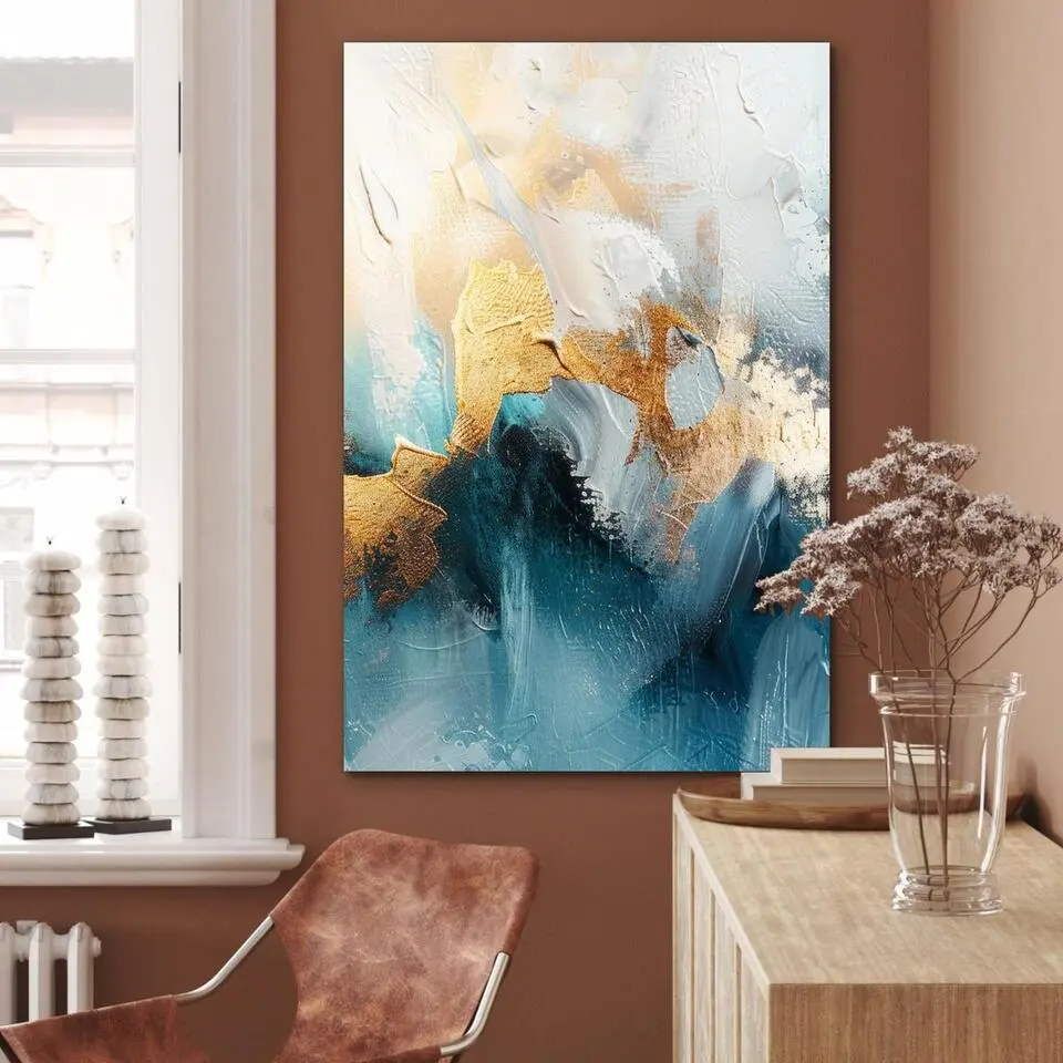 MuchoWow Aluminium Schilderij 60x90cm Abstract Kunst Gold Blauw
