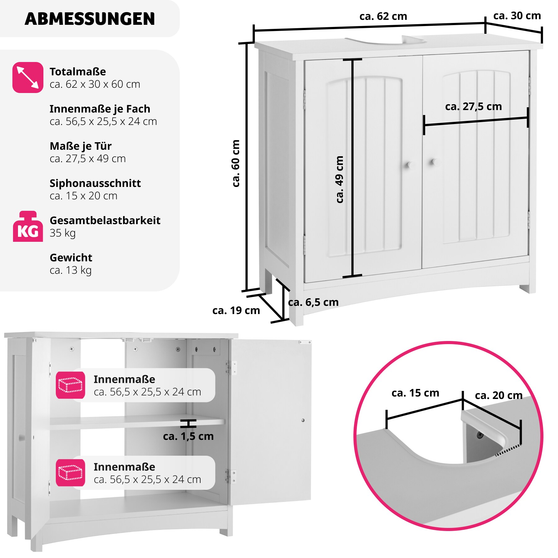 tectake® Waschbeckenunterschrank, 2 geräumige Fächer, 2 leichtgängige Flügeltüren, 62 x 30 x 60 cm