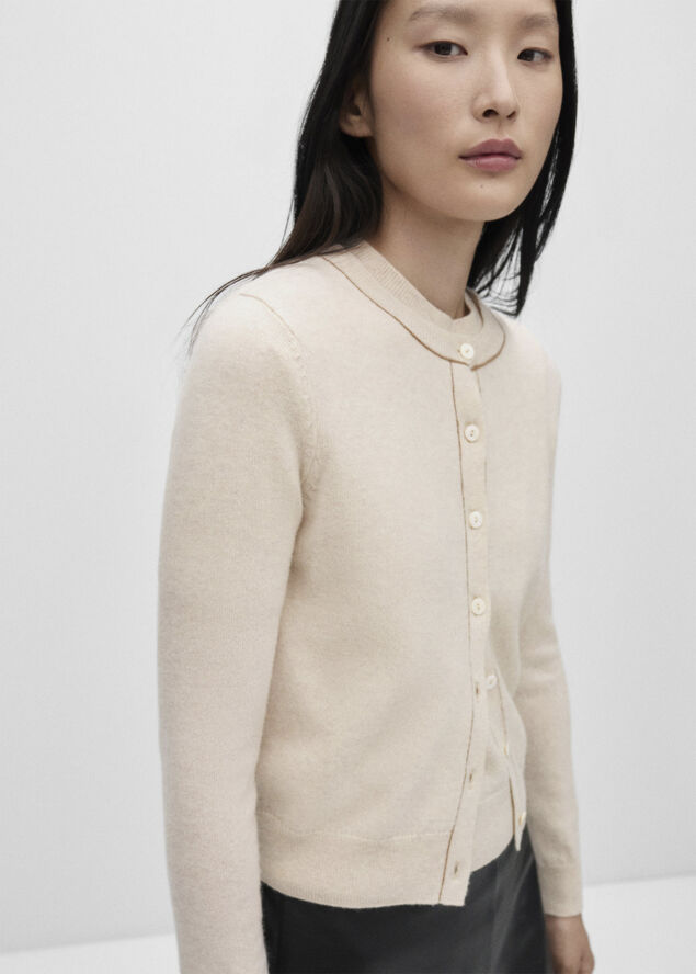 MANGO Cardigan 100% wool decorative stitc Light beige
