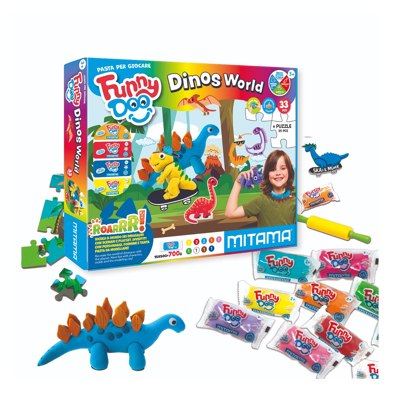 (32-tlg. Set) FunnyDoo Kinder Knete DIY Modellier Spielzeug inkl. Dinosaurier Förmchen / Puzzle / Werkzeug (3910045) - Dinos World