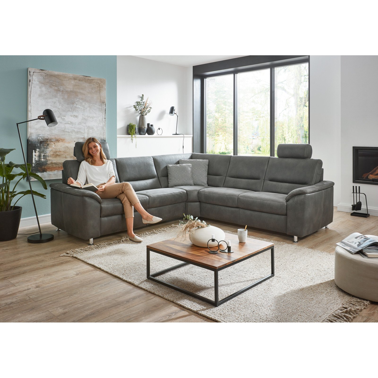 Ecksofa Bonn Stoff Denim, mit Funktionen