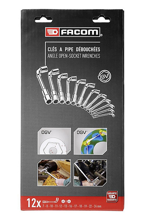 Clé à pipe débouchée forgée Facom 75.J12PB 12 pans x 6 pans métriques ø 20 mm, 12 pièces