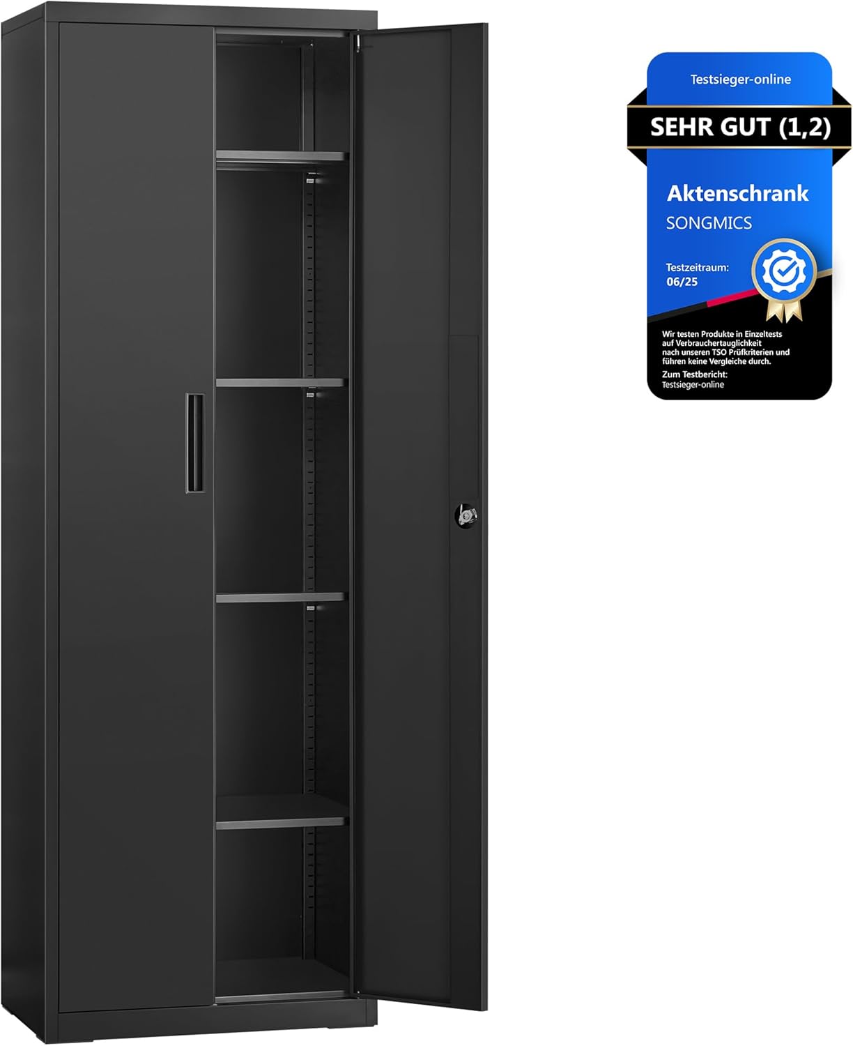 SONGMICS Aktenschrank, Mehrzweckschrank, Aufbewahrungsschrank, 5 Ebenen, 40 x 60 x 180 cm, Doppeltüren, Schloss, Werkzeug, verstellbare Ablagen, Garage, Büro, Wohnzimmer, Mattschwarz OMC014B01