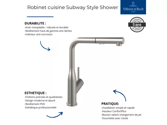 Robinet cuisine VILLEROY ET BOCH Subway Style Shower acier massif
