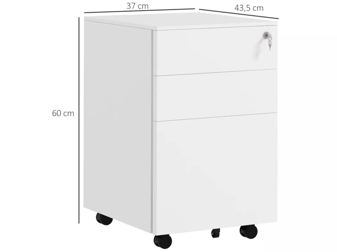 Caisson de bureau rangement bureau sur roulettes 3 tiroirs coulissants verrouillables trieur à dossiers acier blanc