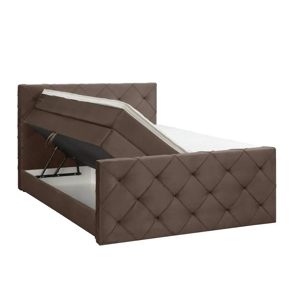 Boxspring met opbergruimte en voetbord Liv geruit - bruin - 140x200cm