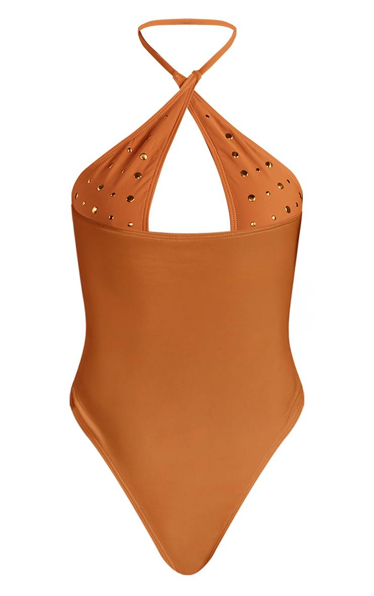 Noir Maillot De Bain Échancré Orange À Clous Avec Devant Croisé