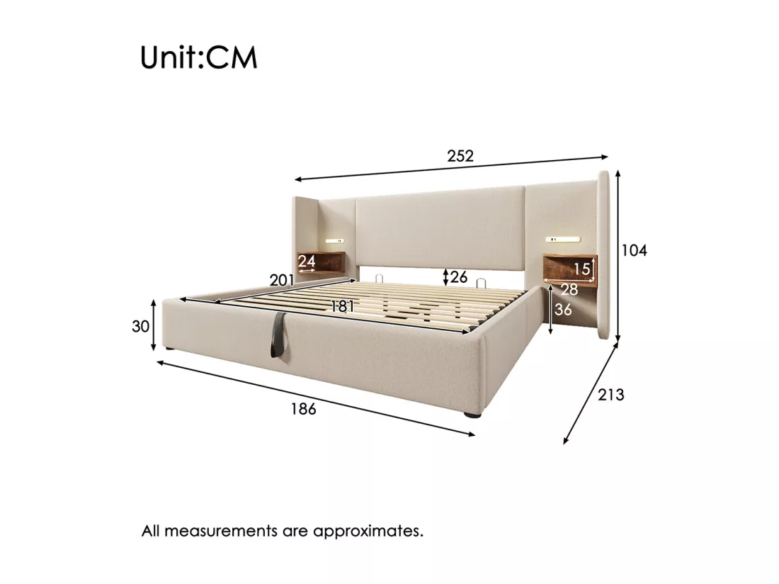 Lit double capitonné 180 x 200 avec table de chevet, liseuse et chargeur USB Type-C, beige, lin.