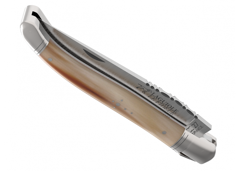 Couteau Laguiole avec un manche en pointe de corne blonde et 2 mitres en acier inoxydable