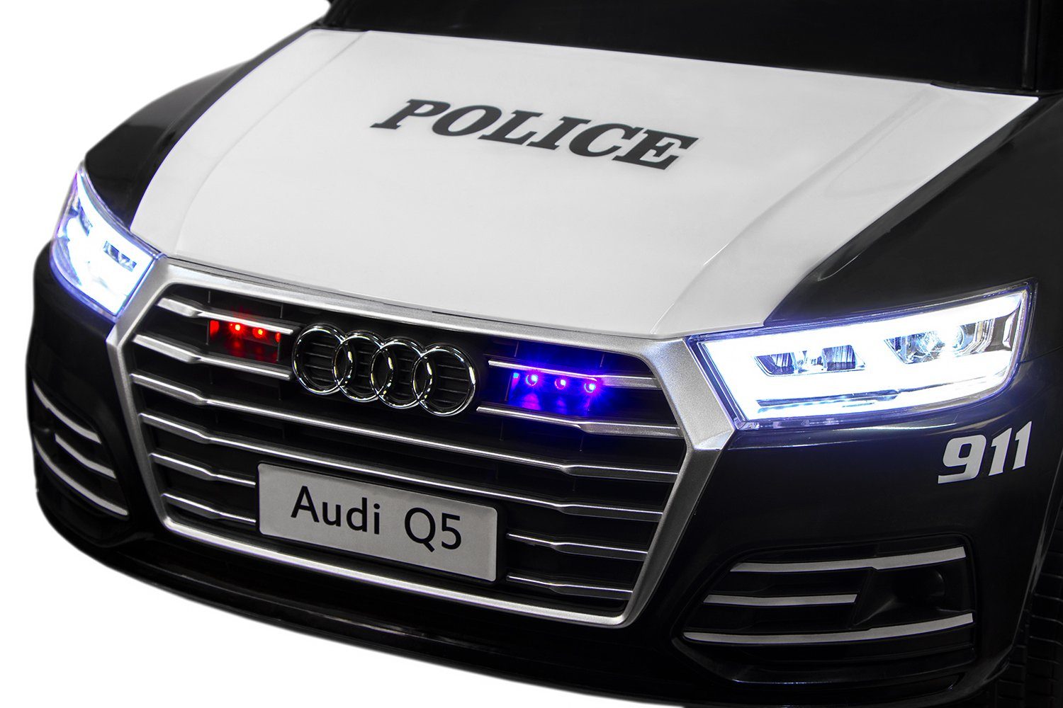 Carrinho elétrico infantil Kidix Audi Q5 Police com 2 baterias de 40W 12V 7Ah.