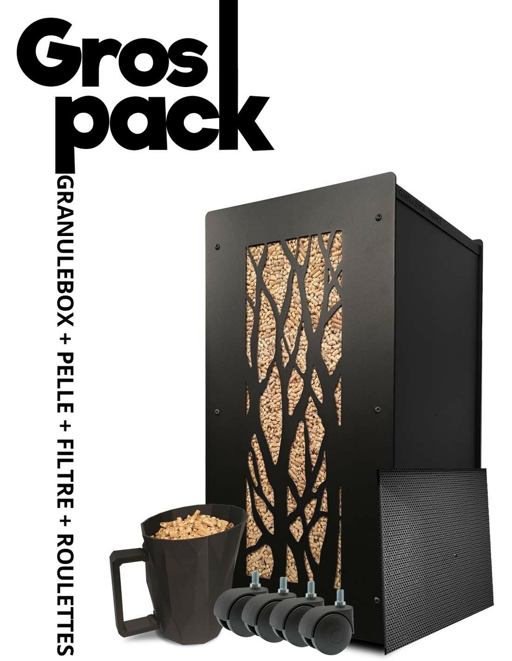 Rangement à granulés de bois 55Kg avec accessoires modèle arbre noir