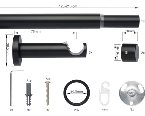 Uitschuifbare gordijnroedeset, Cosy zwart, 120-210 cm, Ø 16/19 mm