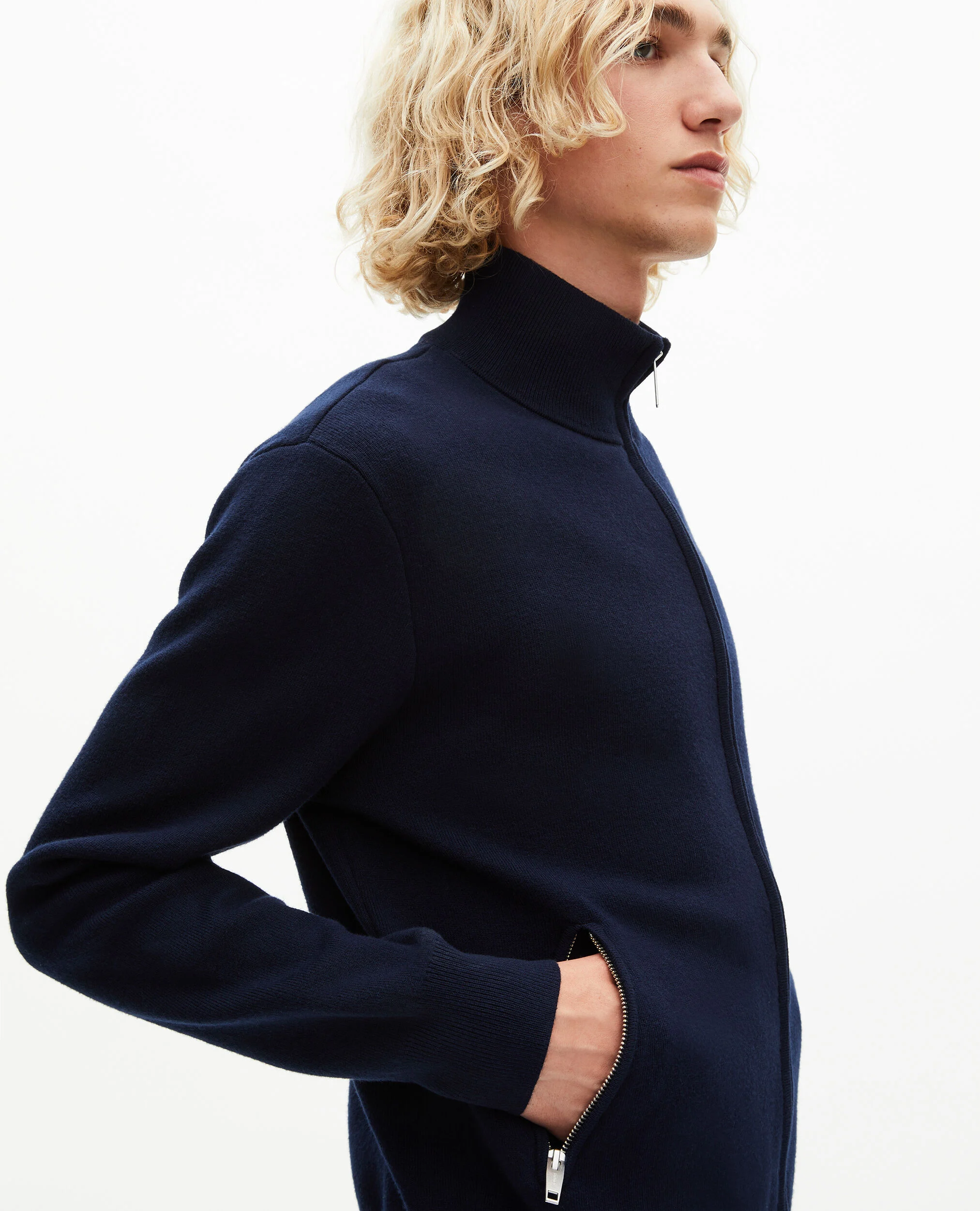 Cardigan en laine double face à zip marine