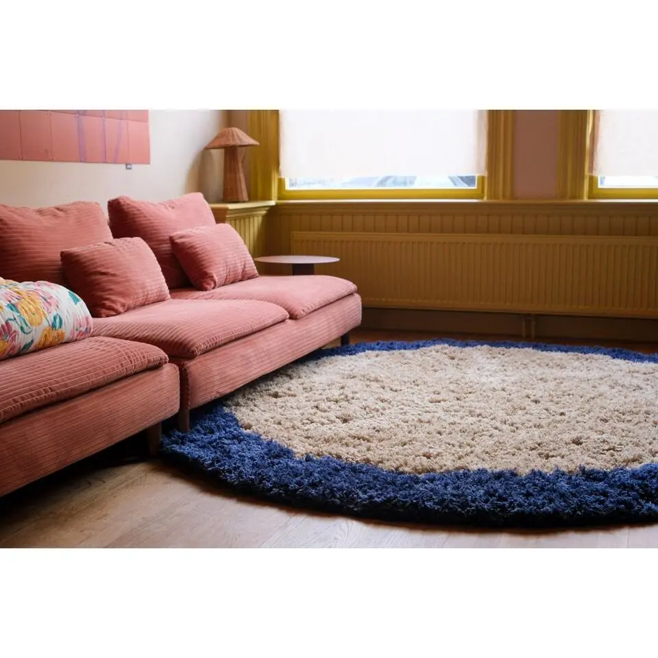Interieur05 rond hoogpolig vloerkleed polyester Pilo beige/blauw - 160 x 160 cm
